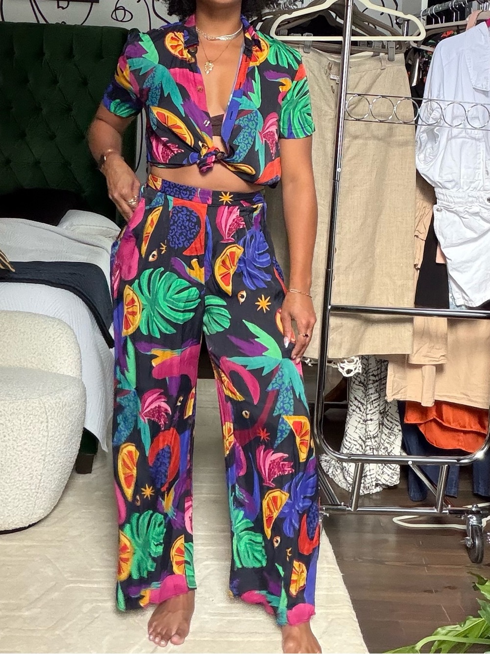 FARM Rio Black Multi Tropical Tie-Front Wide-Leg Jumpsuit SMALL Top + MED Bottom